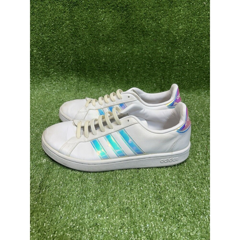 Adidas Grand Court Cloud Shoes Womens Size 9.5 White Leather Hologram Sneakers